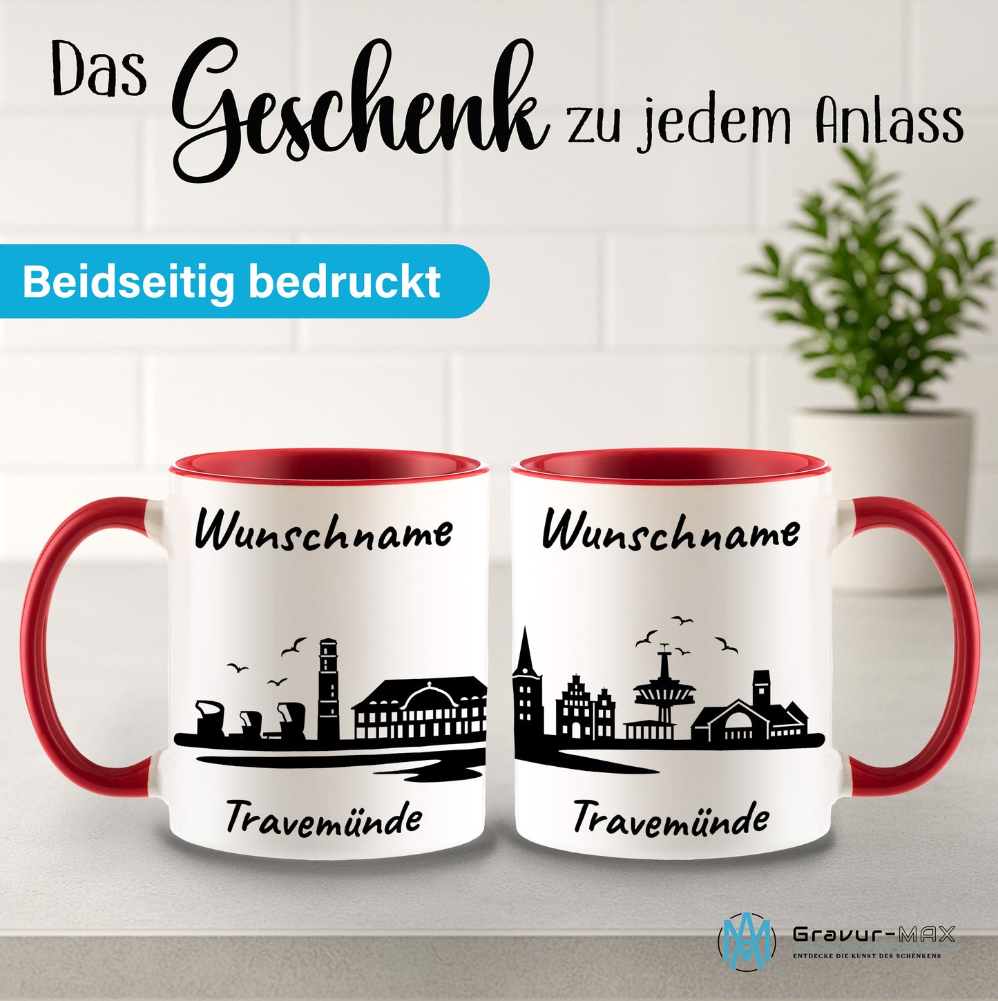 Tasse in Rot 330ml bedruckt mit der Skyline von Travemünde personalisierbar mit Wunschname