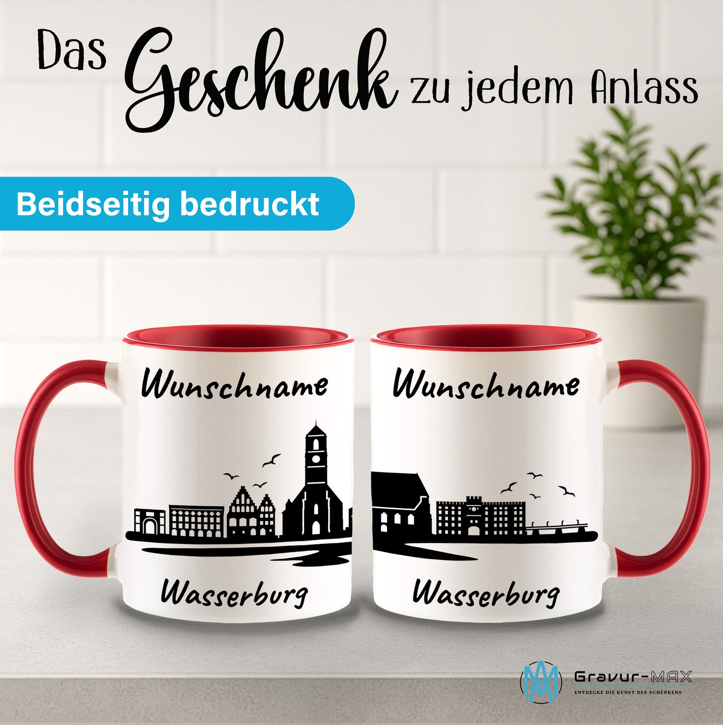 Tasse in Rot 330ml bedruckt mit der Skyline von Wasserburg personalisierbar mit Wunschname