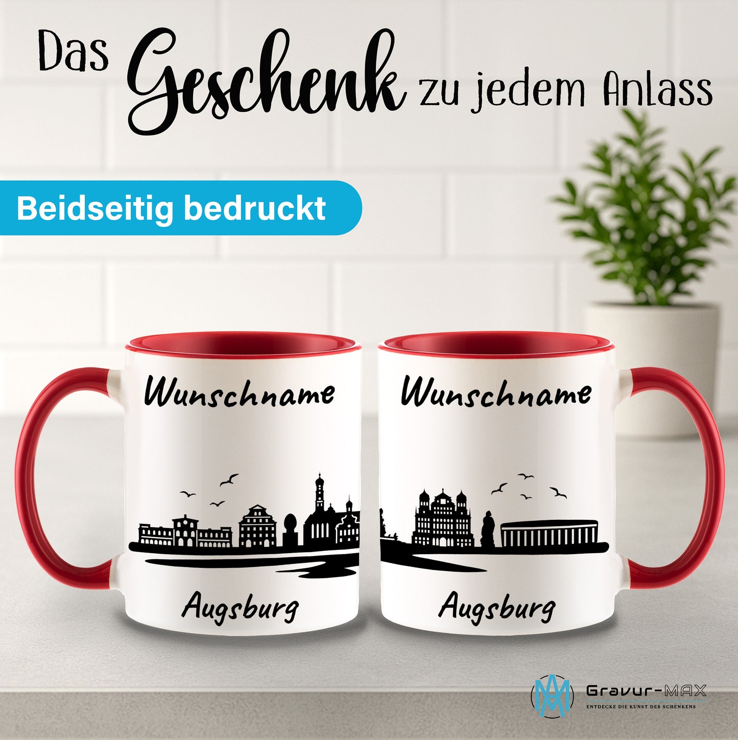 Tasse in Rot 330ml bedruckt mit der Skyline von Augsburg personalisierbar mit Wunschname