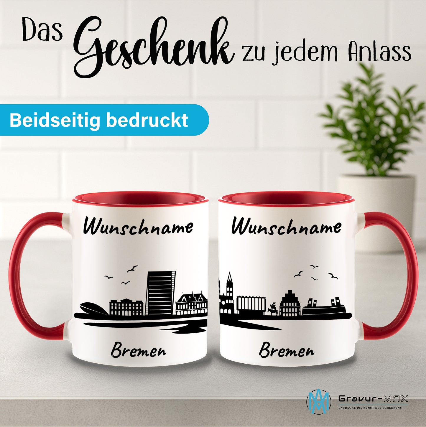 Tasse in Rot 330ml bedruckt mit der Skyline von Bremen personalisierbar mit Wunschname