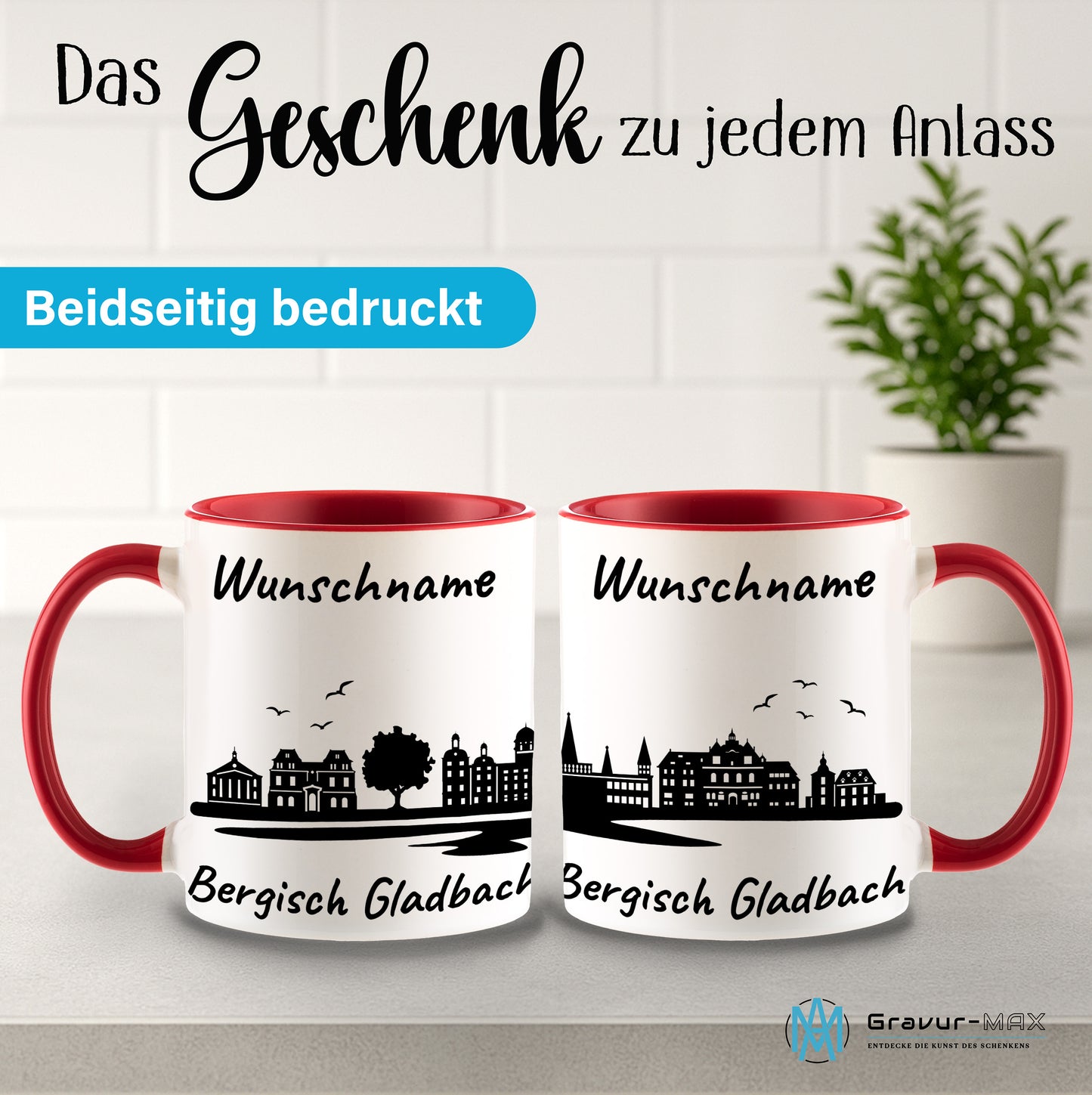 Tasse in Rot 330ml bedruckt mit der Skyline von Bergisch Gladbach personalisierbar mit Wunschname
