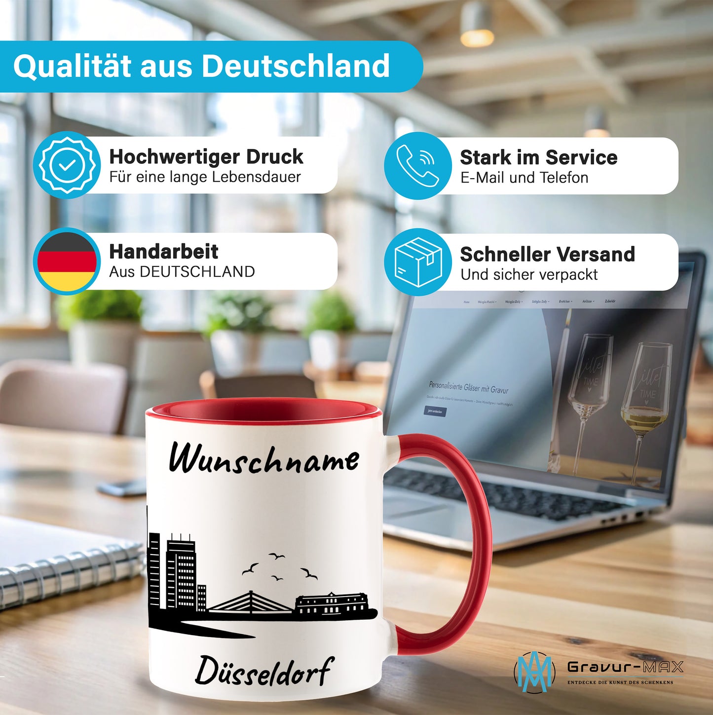 Tasse in Rot 330ml bedruckt mit der Skyline von Düsseldorf personalisierbar mit Wunschname