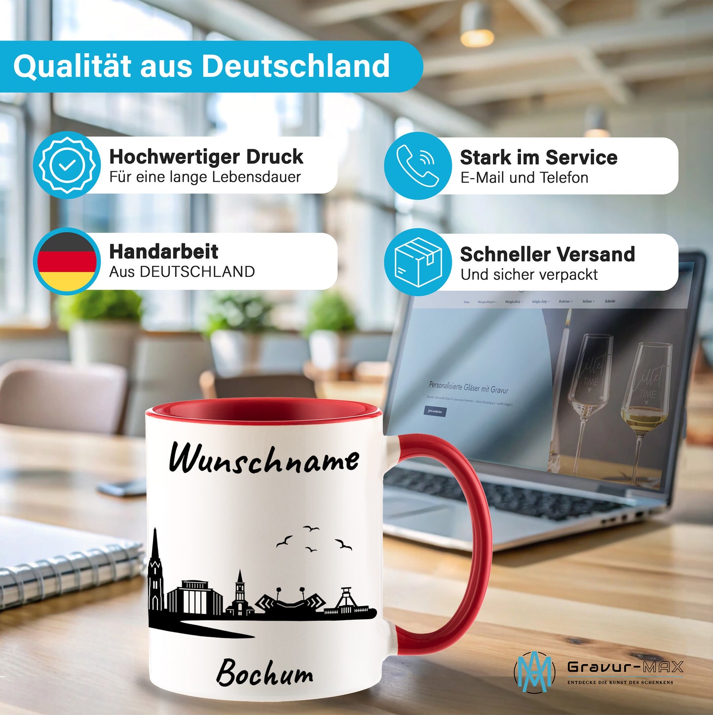 Tasse in Rot 330ml bedruckt mit der Skyline von Bochum personalisierbar mit Wunschname