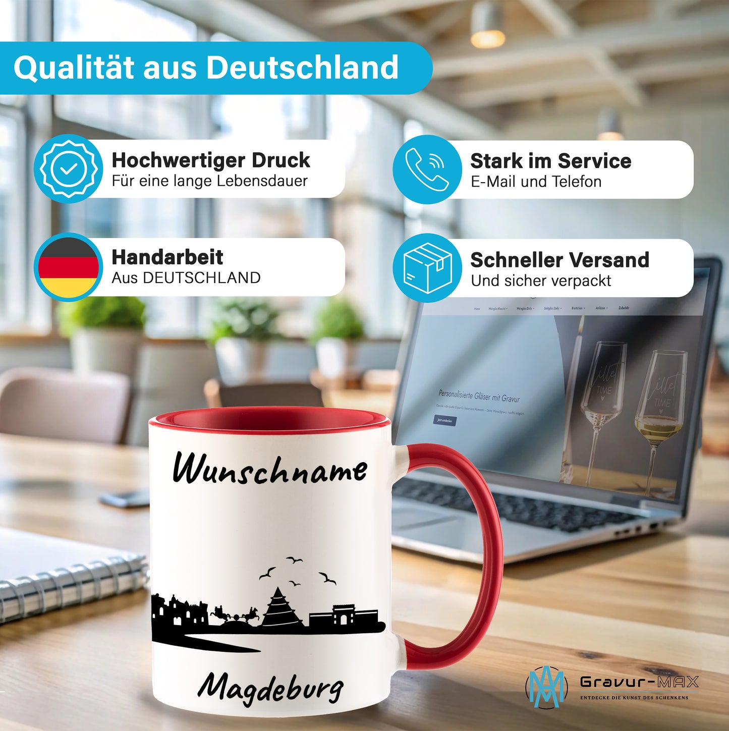 Tasse in Rot 330ml bedruckt mit der Skyline von Magdeburg personalisierbar mit Wunschname