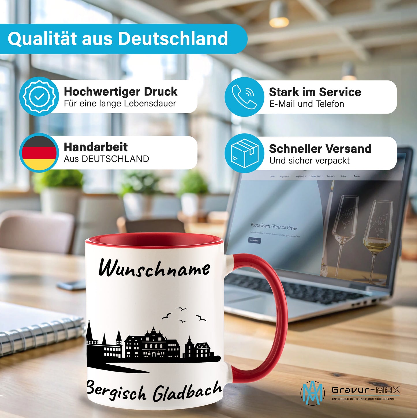 Tasse in Rot 330ml bedruckt mit der Skyline von Bergisch Gladbach personalisierbar mit Wunschname