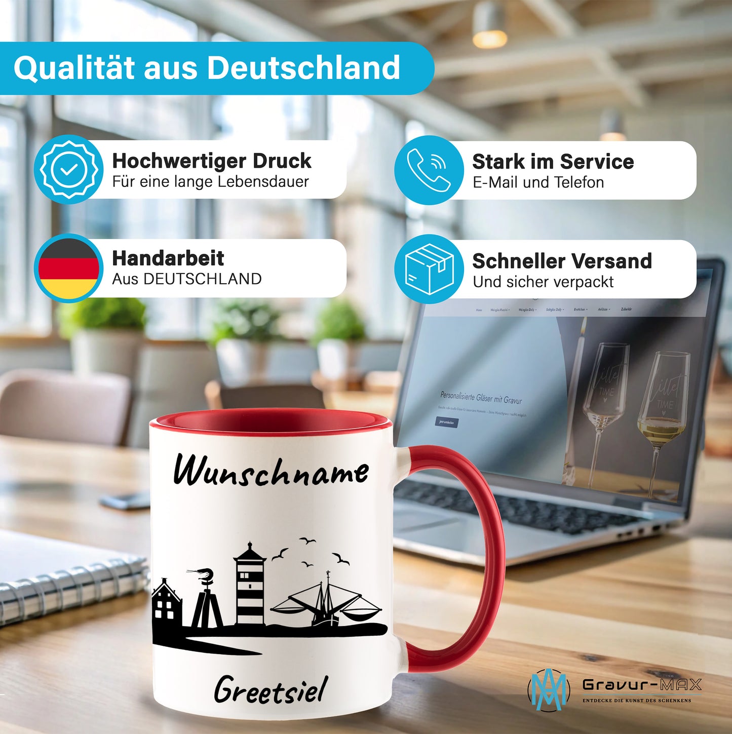 Tasse in Rot 330ml bedruckt mit der Skyline von Greetsiel personalisierbar mit Wunschname