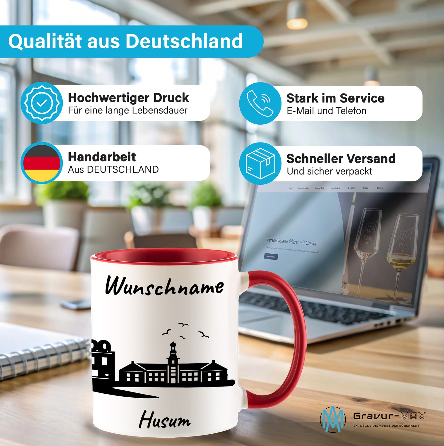 Tasse in Rot 330ml bedruckt mit der Skyline von Husum personalisierbar mit Wunschname