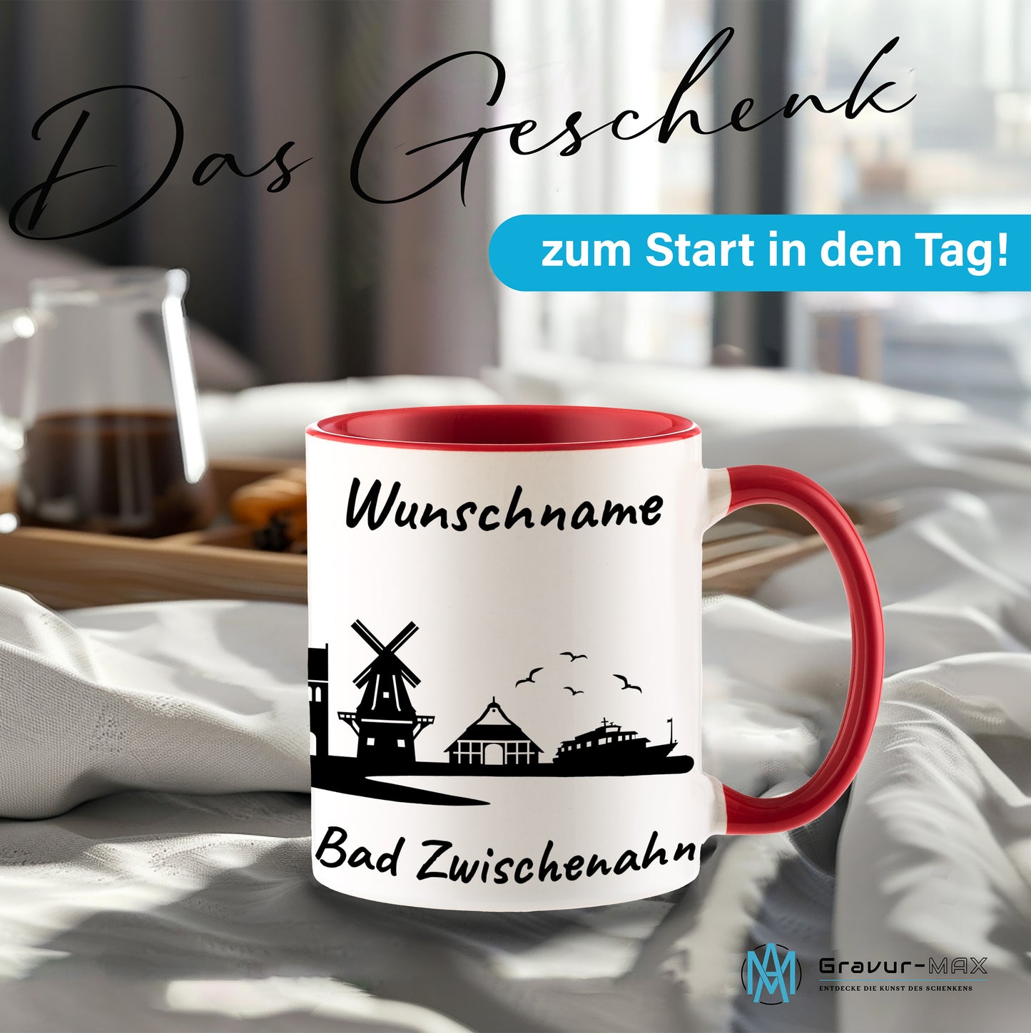 Tasse in Rot 330ml bedruckt mit der Skyline von Bad Zwischenahn personalisierbar mit Wunschname