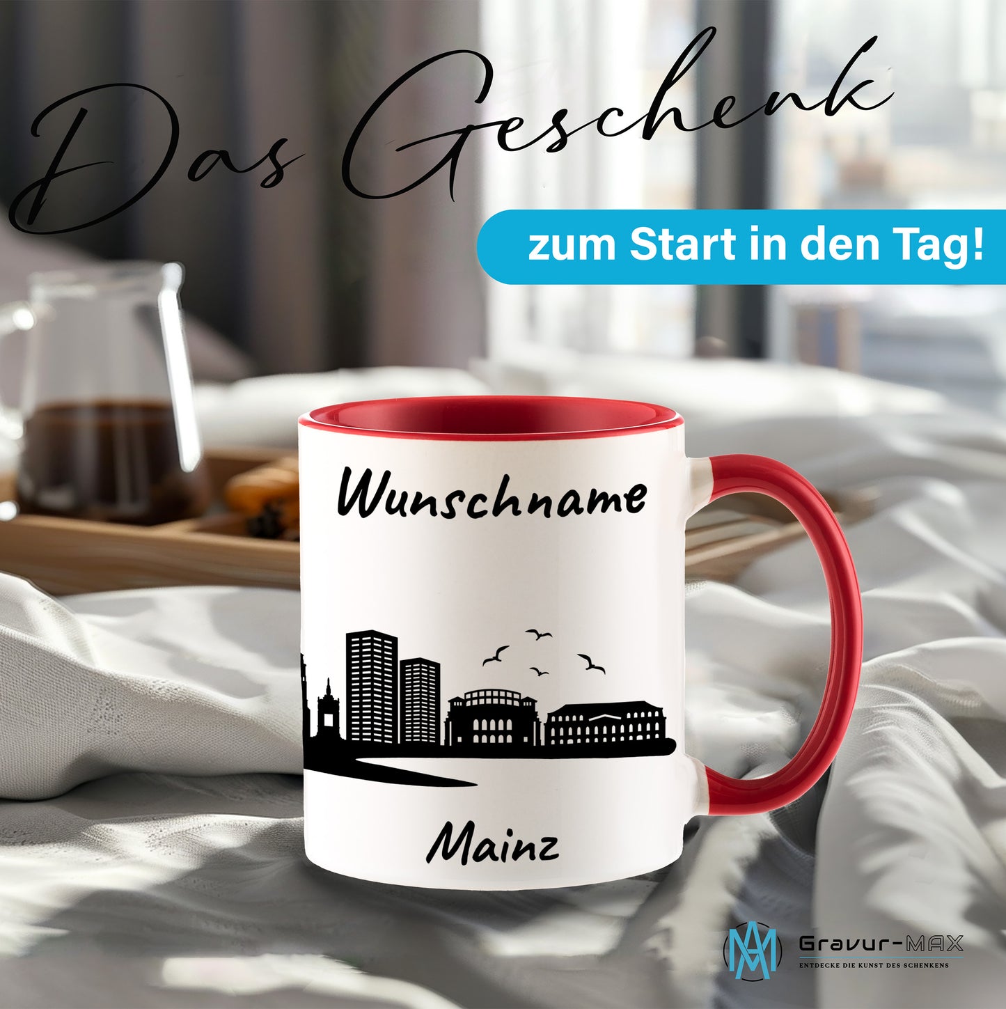 Tasse in Rot 330ml bedruckt mit der Skyline von Mainz personalisierbar mit Wunschname