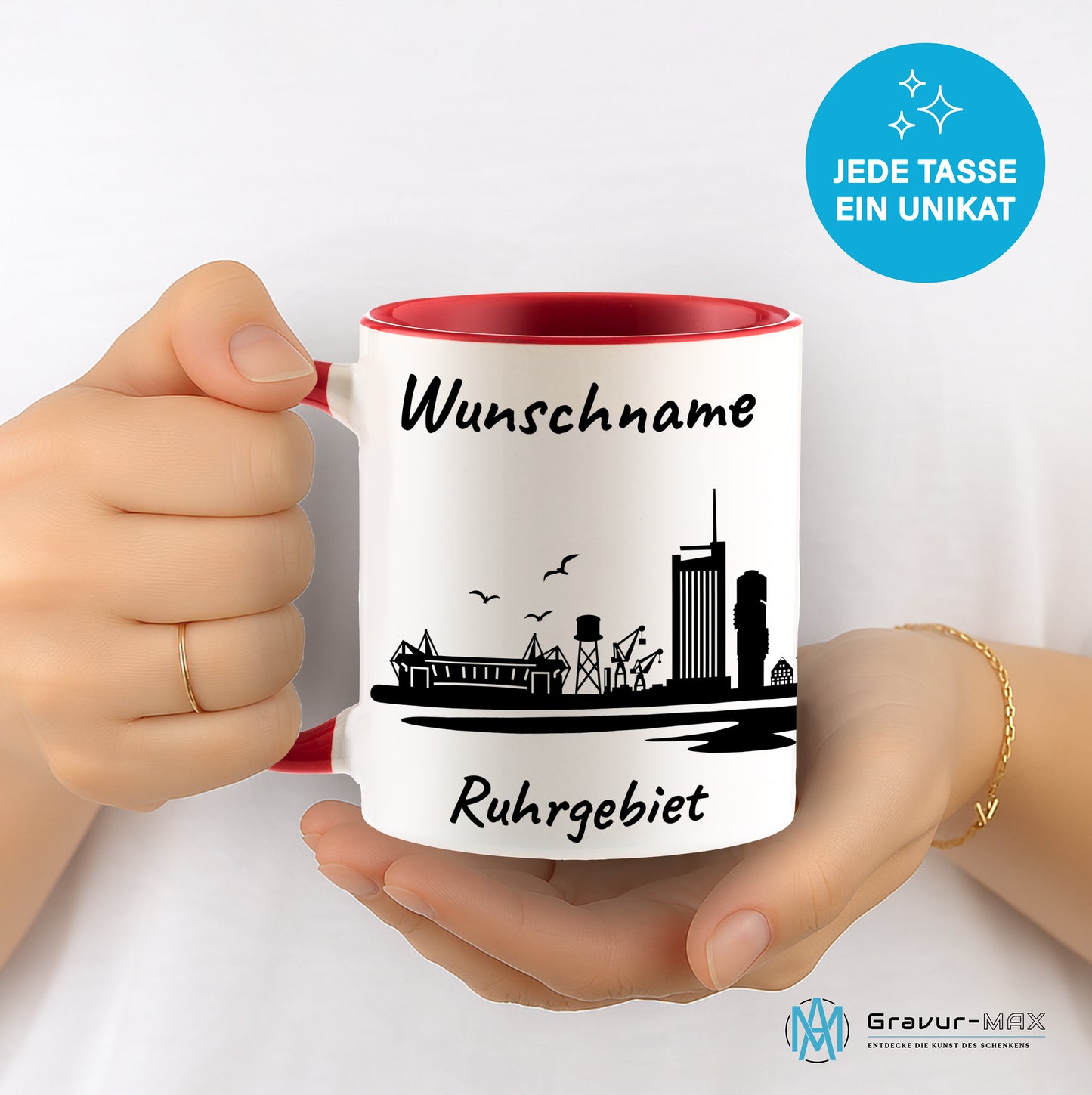 Tasse in Rot 330ml bedruckt mit der Skyline von Ruhrgebiet personalisierbar mit Wunschname