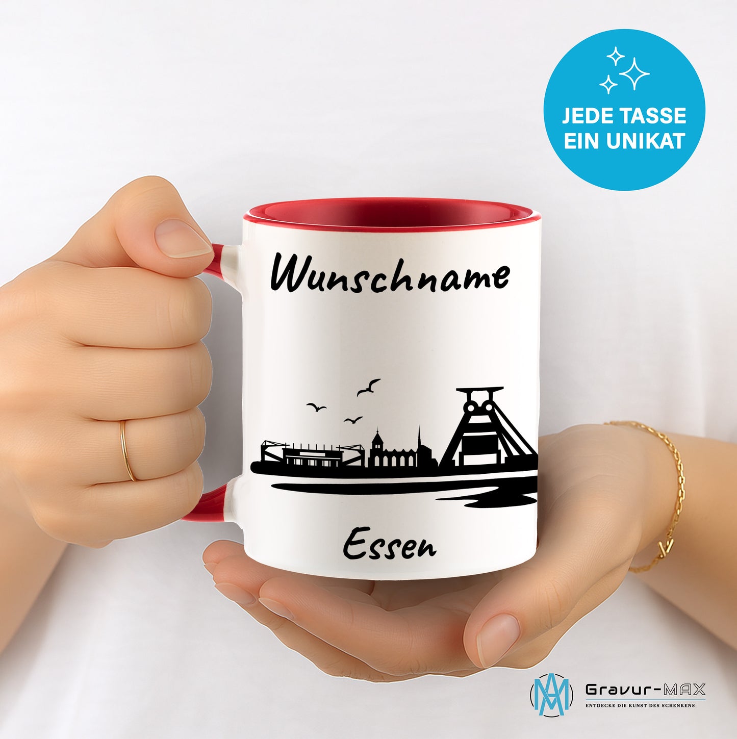 Tasse in Rot 330ml bedruckt mit der Skyline von Essen personalisierbar mit Wunschname
