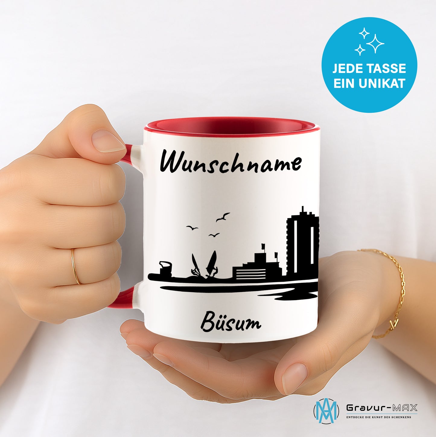 Tasse in Rot 330ml bedruckt mit der Skyline von Büsum personalisierbar mit Wunschname