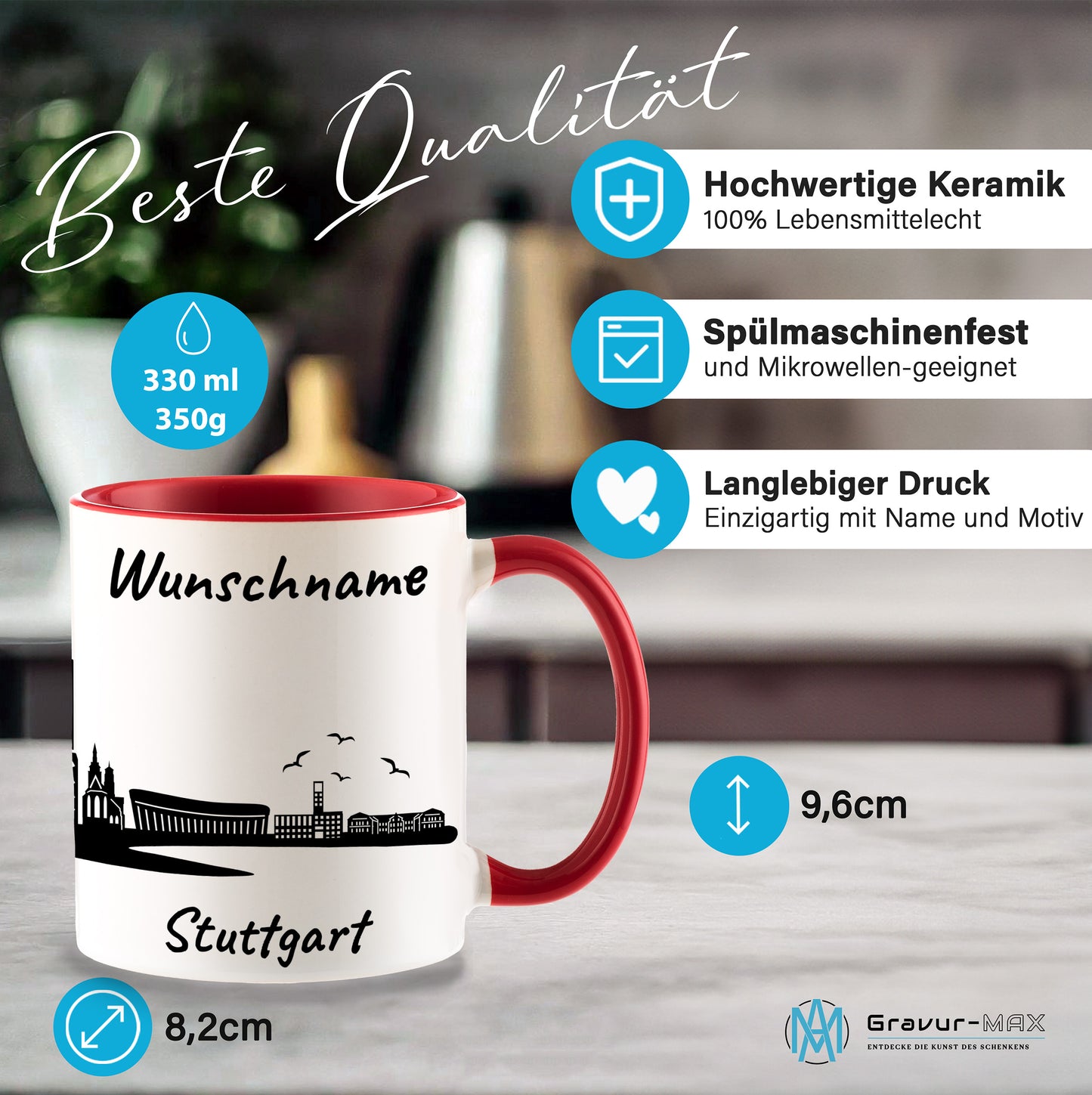 Tasse in Rot 330ml bedruckt mit der Skyline von Stuttgart personalisierbar mit Wunschname