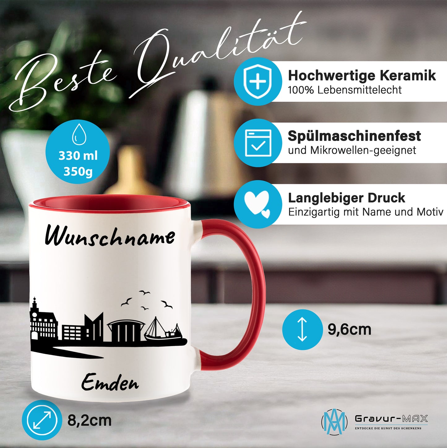 Tasse in Rot 330ml bedruckt mit der Skyline von Emden personalisierbar mit Wunschname