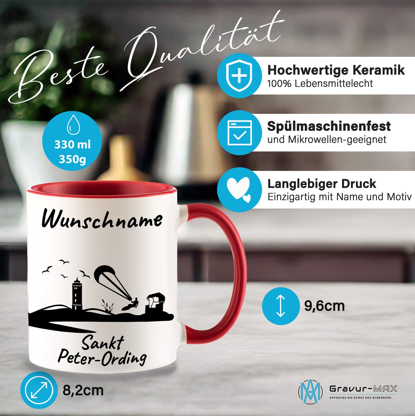 Tasse in Rot 330ml bedruckt mit der Skyline von Sankt Peter-Ording personalisierbar mit Wunschname