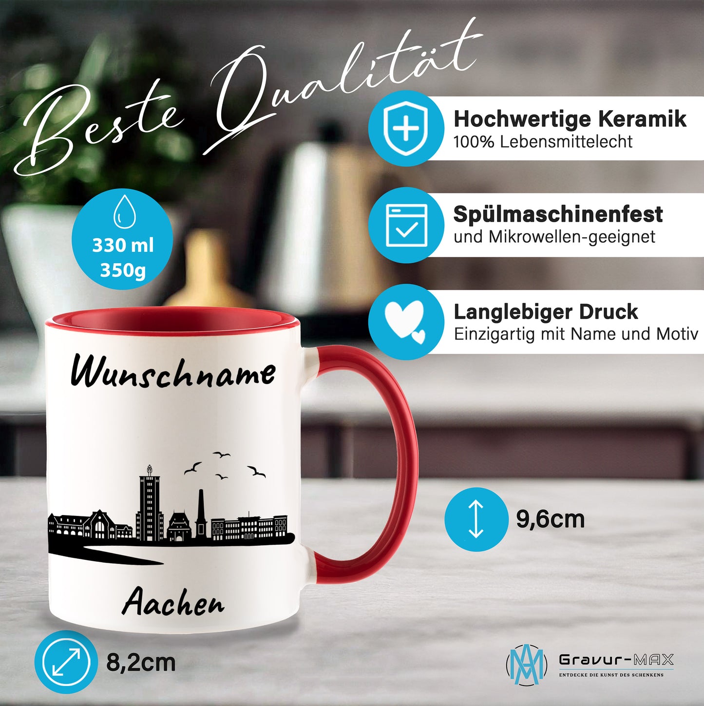 Tasse in Rot 330ml bedruckt mit der Skyline von Aachen personalisierbar mit Wunschname