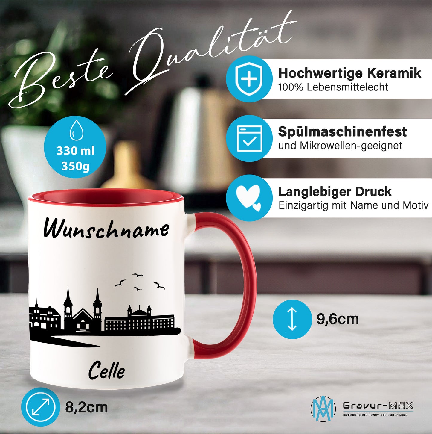 Tasse in Rot 330ml bedruckt mit der Skyline von Celle personalisierbar mit Wunschname