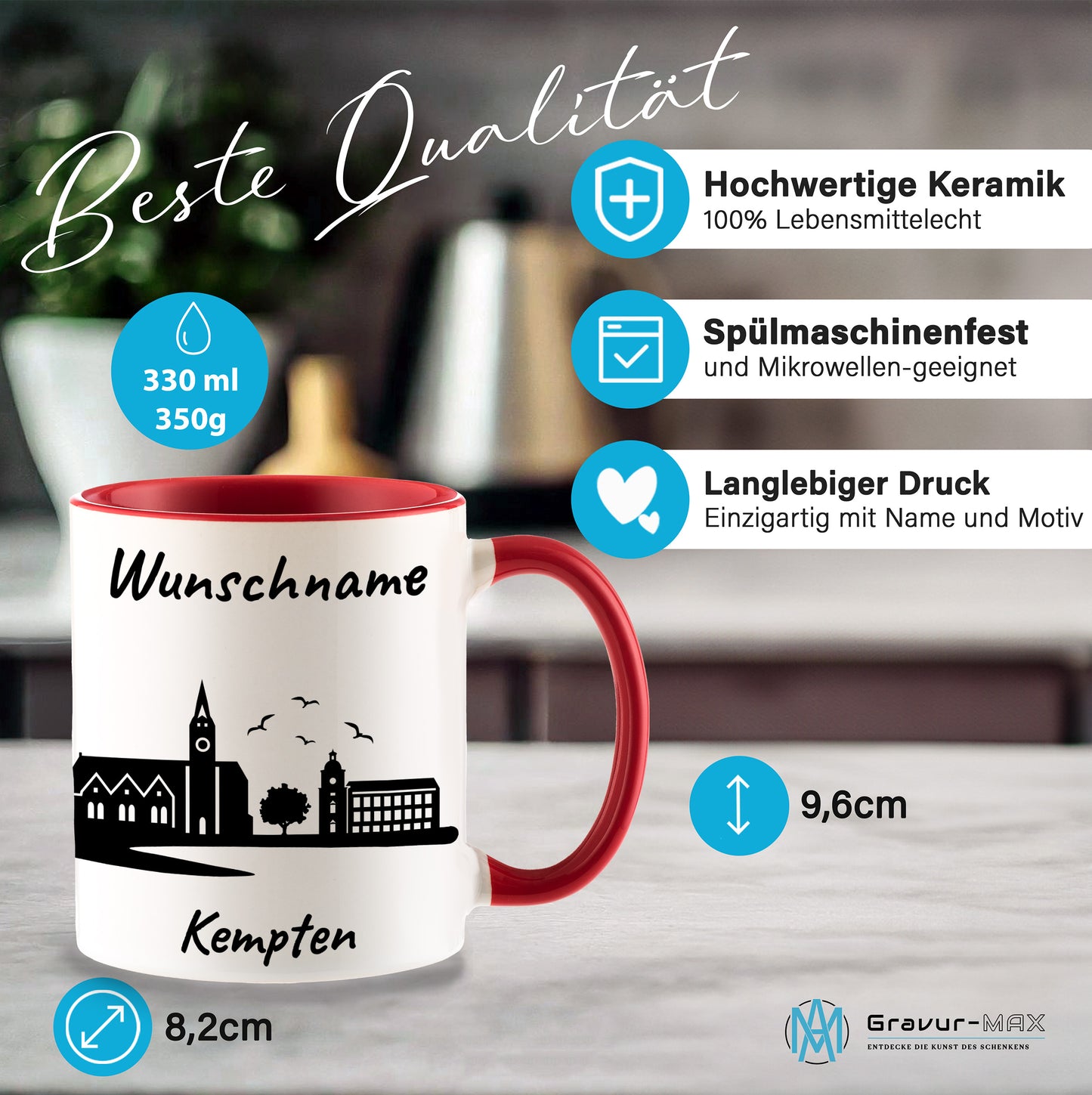 Tasse in Rot 330ml bedruckt mit der Skyline von Kempten personalisierbar mit Wunschname