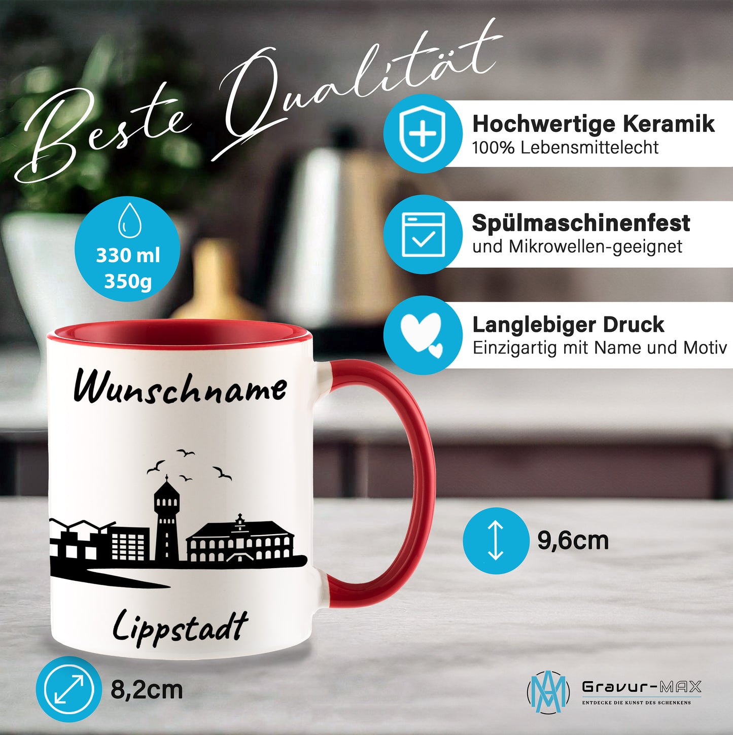 Tasse in Rot 330ml bedruckt mit der Skyline von Lippstadt personalisierbar mit Wunschname
