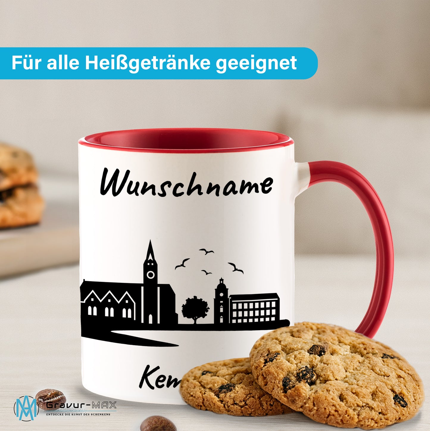 Tasse in Rot 330ml bedruckt mit der Skyline von Kempten personalisierbar mit Wunschname
