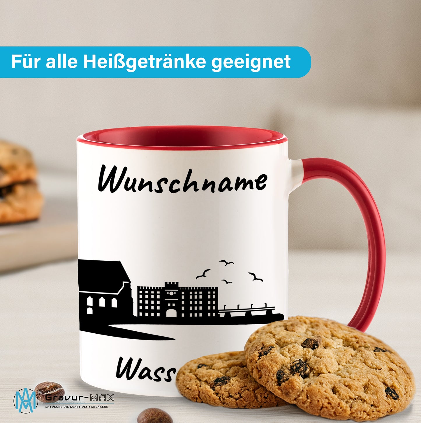 Tasse in Rot 330ml bedruckt mit der Skyline von Wasserburg personalisierbar mit Wunschname