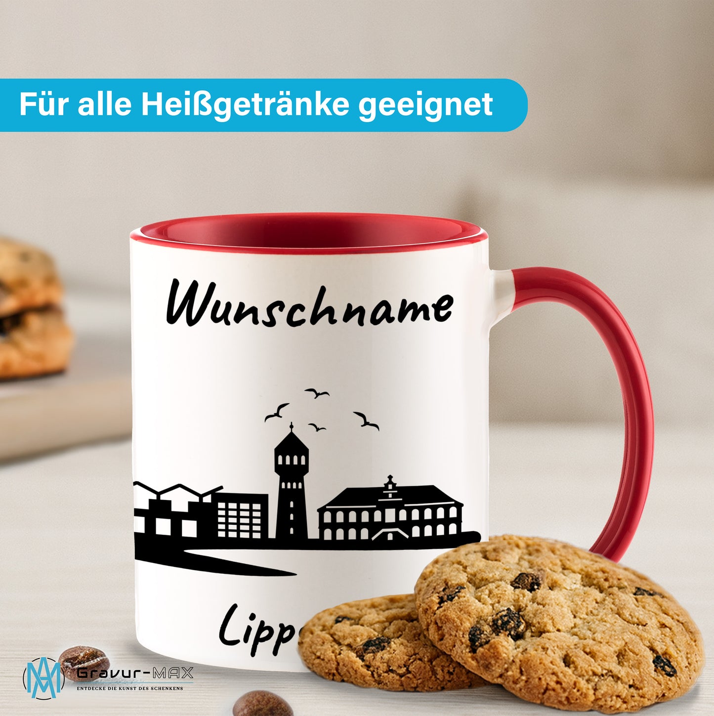 Tasse in Rot 330ml bedruckt mit der Skyline von Lippstadt personalisierbar mit Wunschname