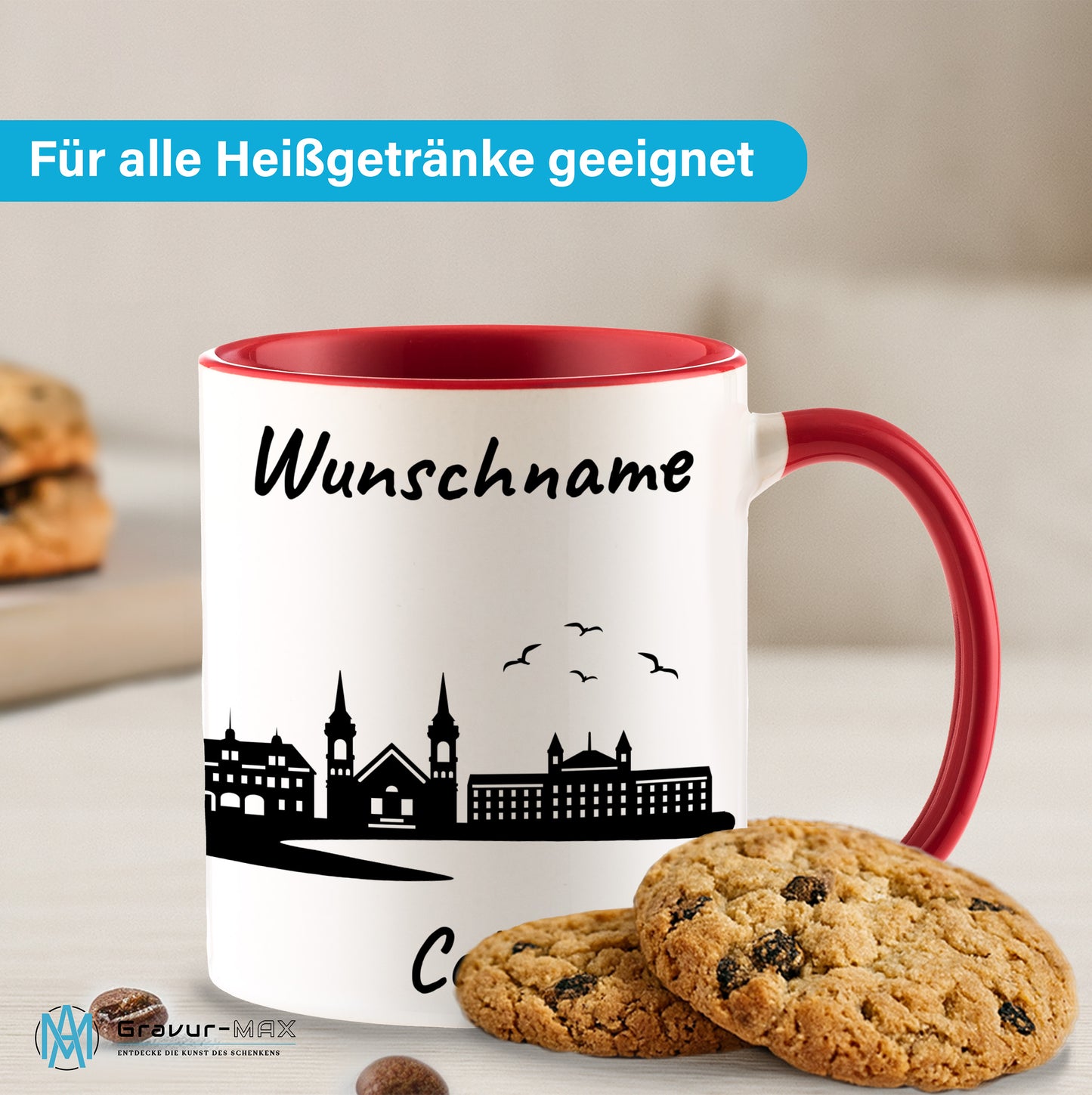 Tasse in Rot 330ml bedruckt mit der Skyline von Celle personalisierbar mit Wunschname