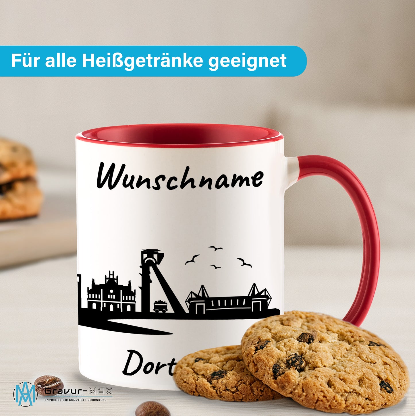 Tasse in Rot 330ml bedruckt mit der Skyline von Dortmund personalisierbar mit Wunschname