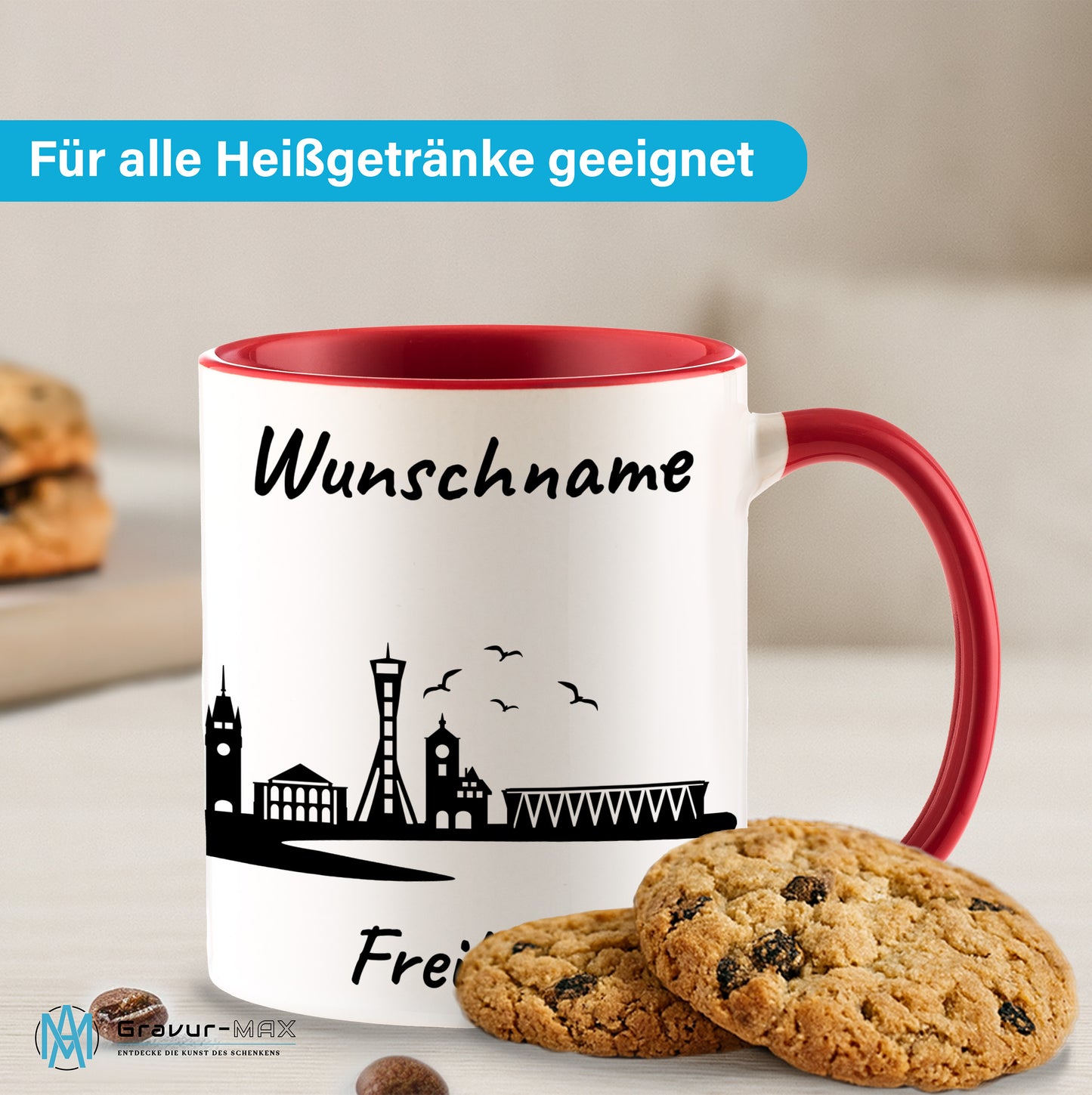Tasse in Rot 330ml bedruckt mit der Skyline von Freiburg personalisierbar mit Wunschname