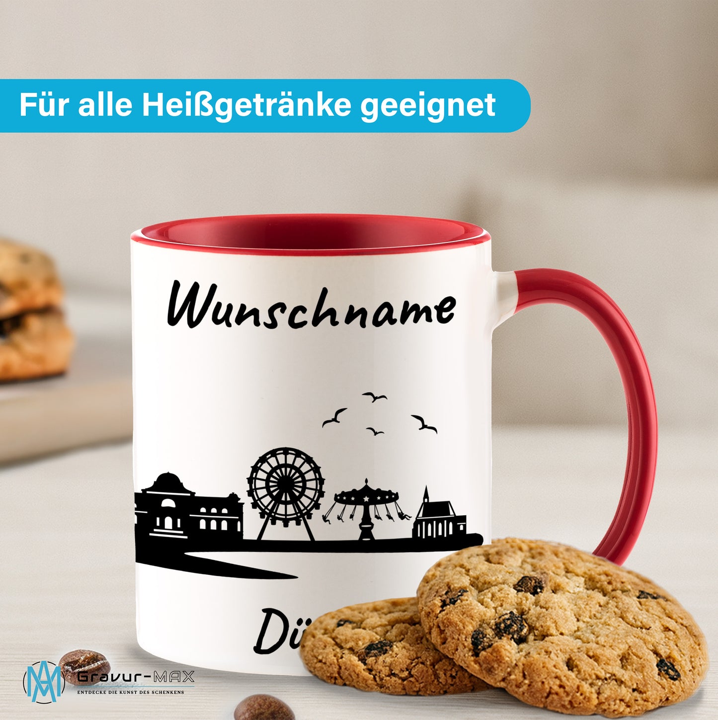 Tasse in Rot 330ml bedruckt mit der Skyline von Düren personalisierbar mit Wunschname