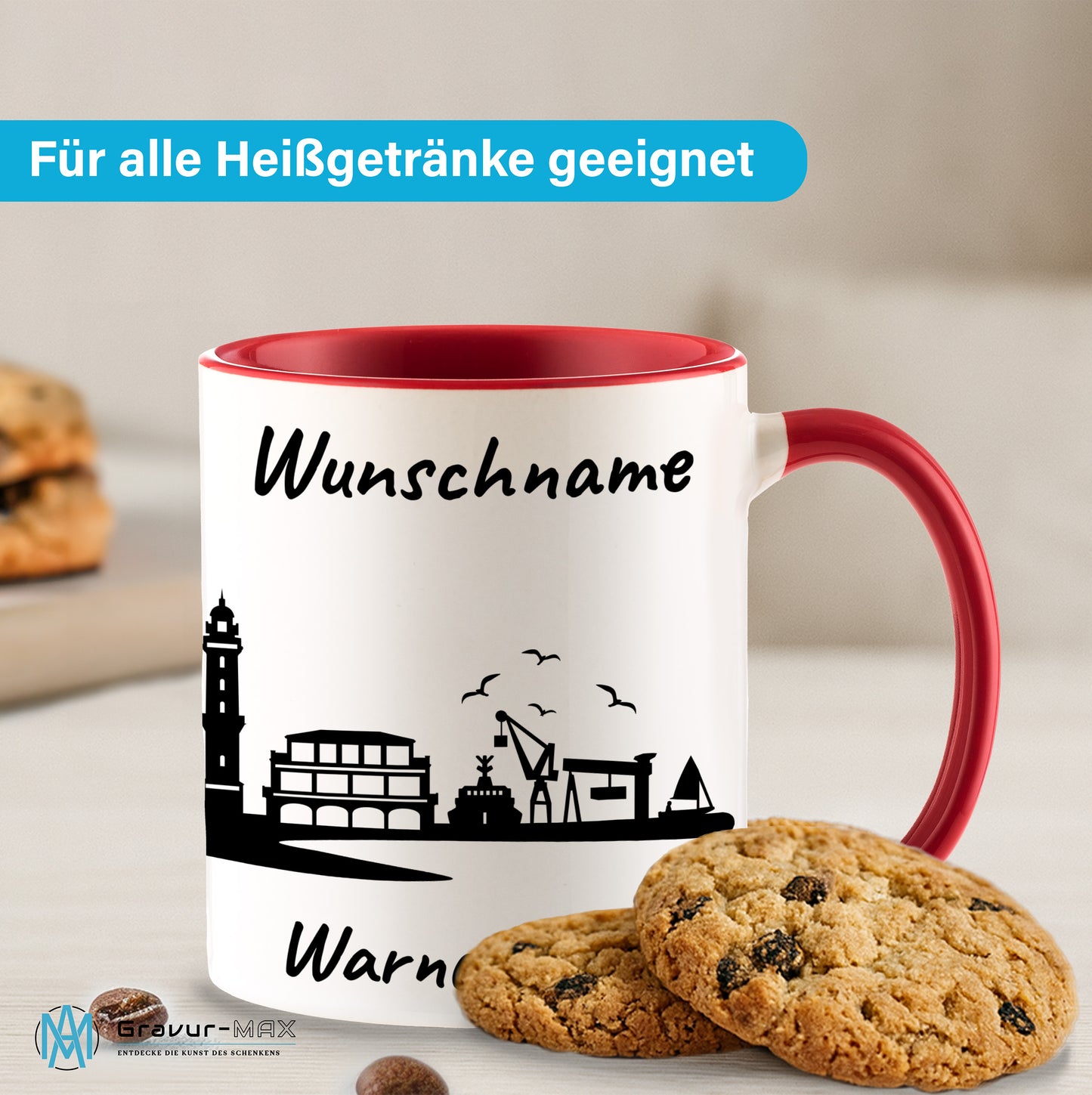 Tasse in Rot 330ml bedruckt mit der Skyline von Warnemünde personalisierbar mit Wunschname