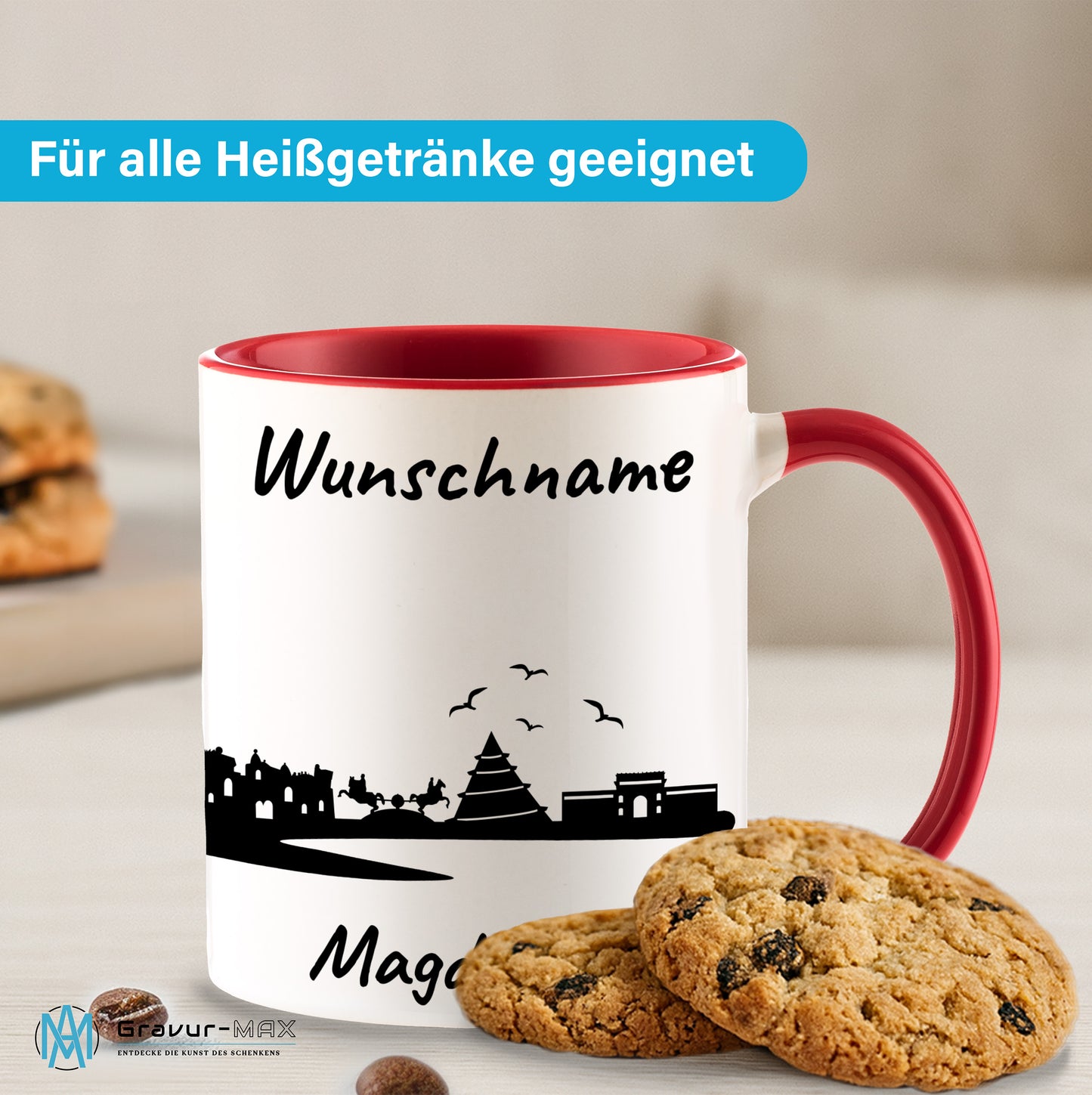 Tasse in Rot 330ml bedruckt mit der Skyline von Magdeburg personalisierbar mit Wunschname