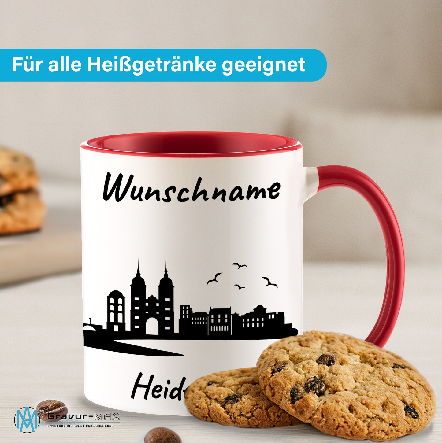 Tasse in Rot 330ml bedruckt mit der Skyline von Heidelberg personalisierbar mit Wunschname