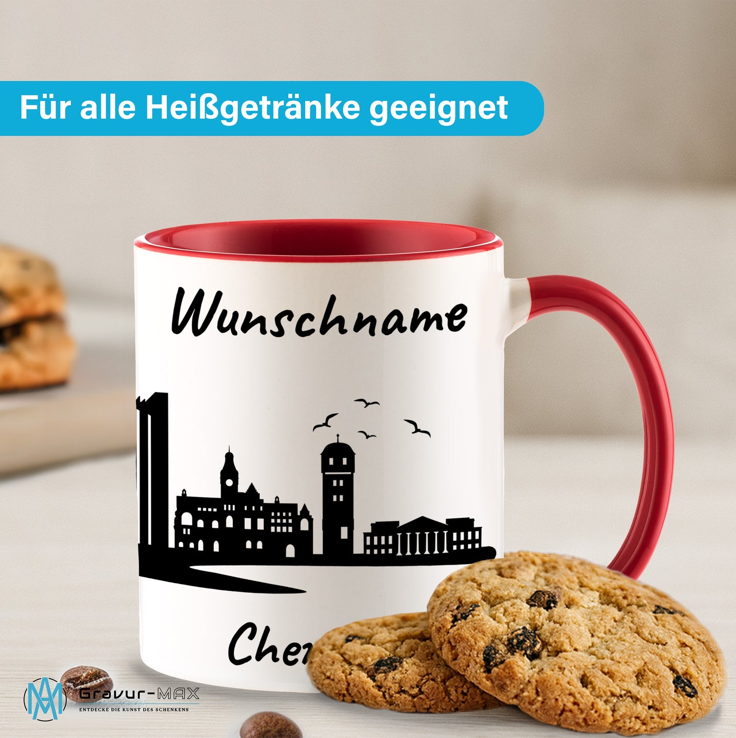 Tasse in Rot 330ml bedruckt mit der Skyline von Chemnitz personalisierbar mit Wunschname