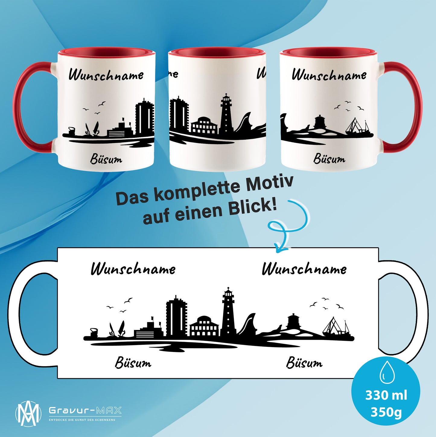 Tasse in Rot 330ml bedruckt mit der Skyline von Büsum personalisierbar mit Wunschname