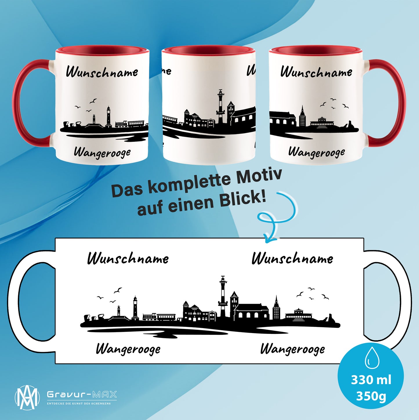 Tasse in Rot 330ml bedruckt mit der Skyline von Wangerooge personalisierbar mit Wunschname