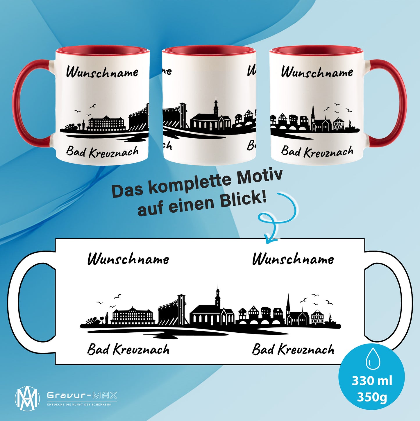 Tasse in Rot 330ml bedruckt mit der Skyline von Bad Kreuznach personalisierbar mit Wunschname
