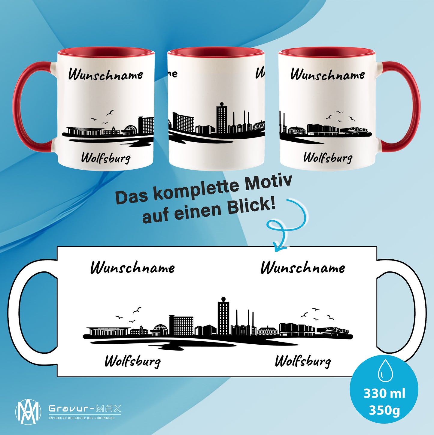 Tasse in Rot 330ml bedruckt mit der Skyline von Wolfsburg personalisierbar mit Wunschname