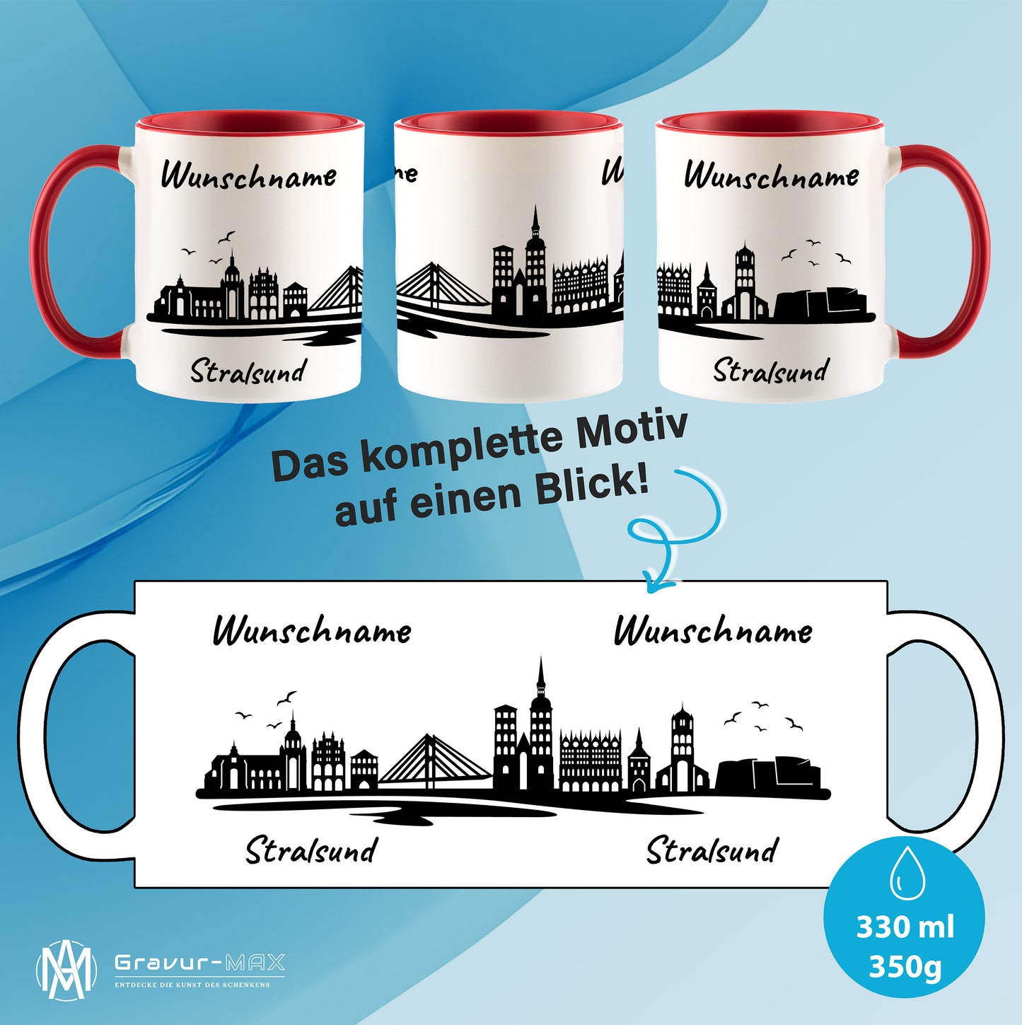 Tasse in Rot 330ml bedruckt mit der Skyline von Stralsund personalisierbar mit Wunschname