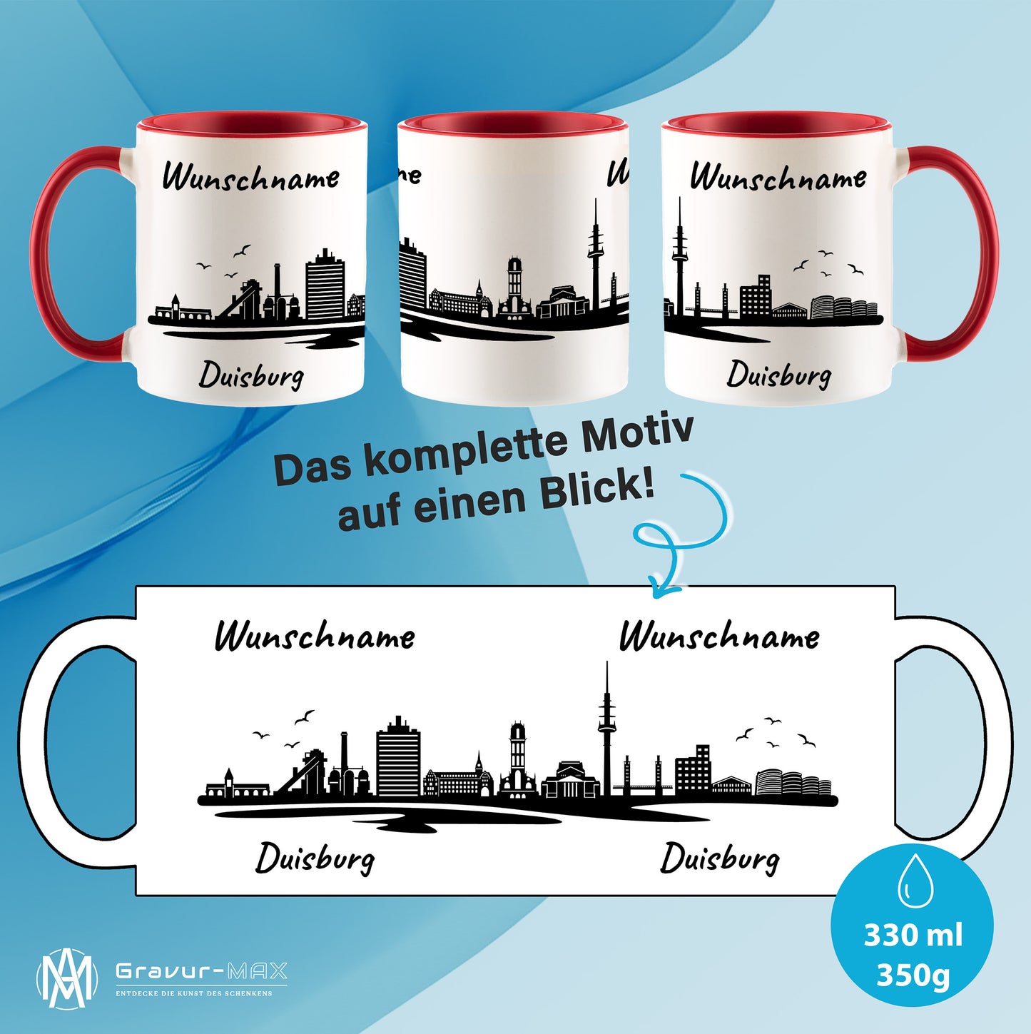 Tasse in Rot 330ml bedruckt mit der Skyline von Duisburg personalisierbar mit Wunschname