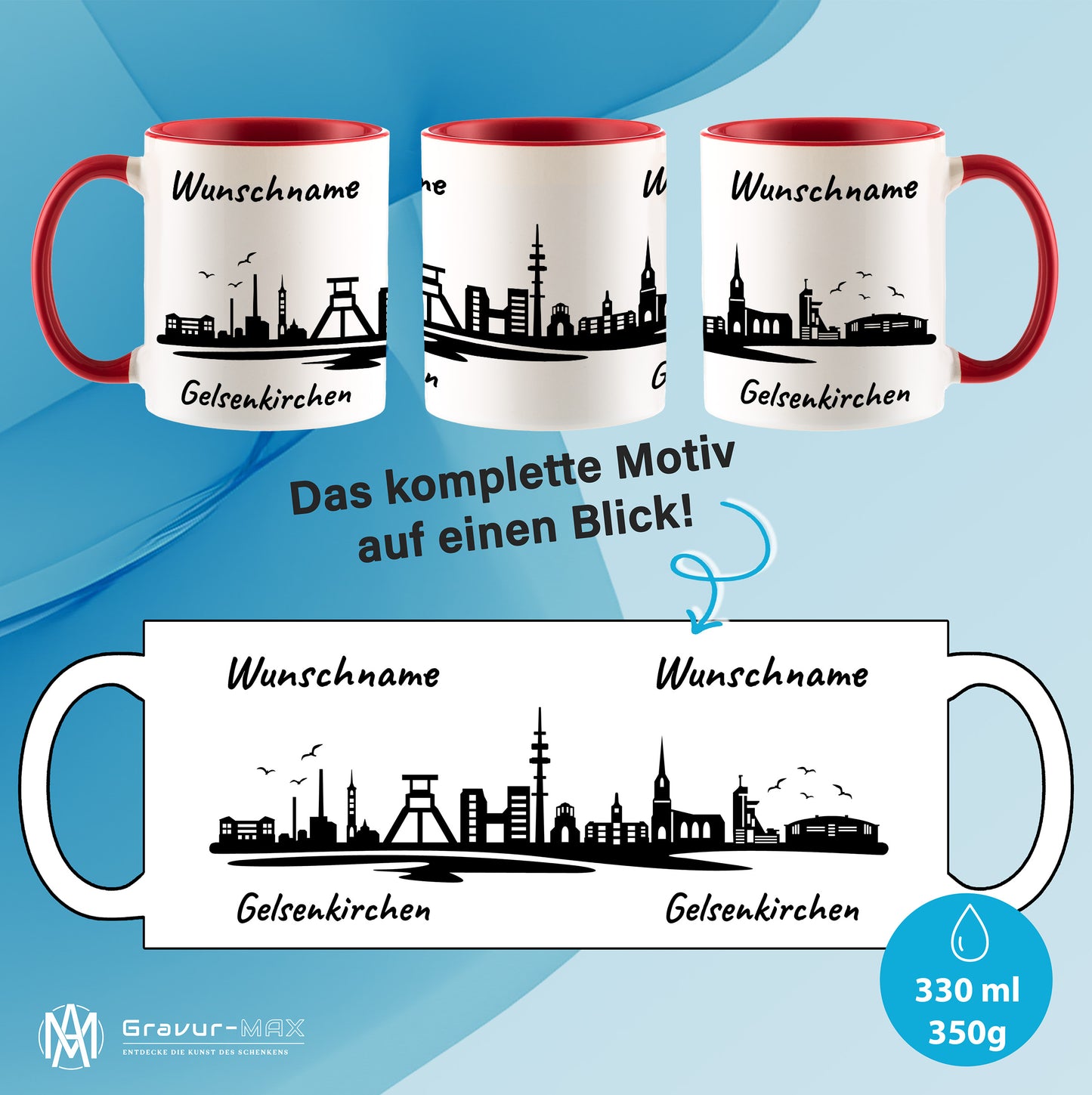 Tasse in Rot 330ml bedruckt mit der Skyline von Gelsenkirchen personalisierbar mit Wunschname