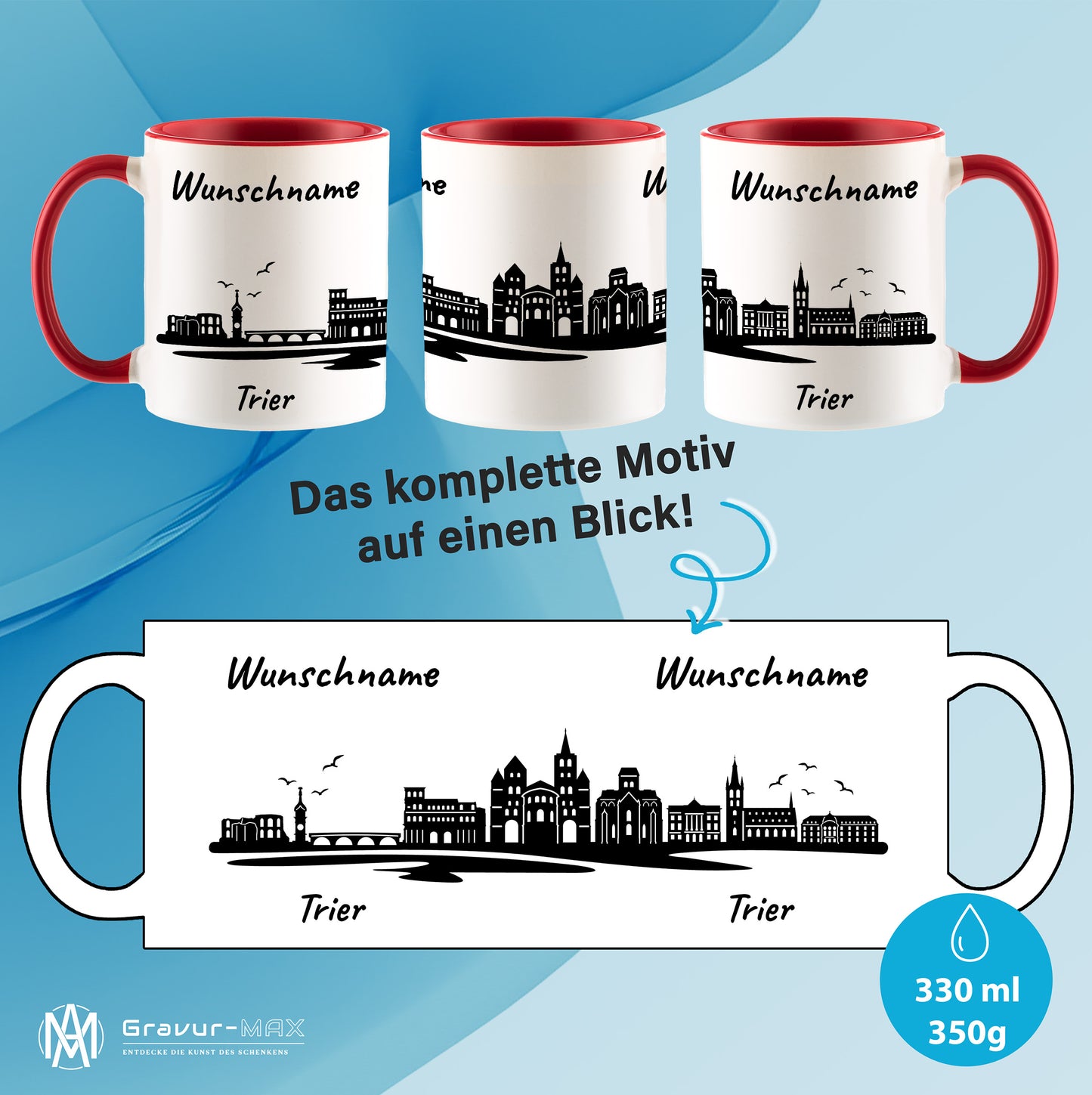 Tasse in Rot 330ml bedruckt mit der Skyline von Trier personalisierbar mit Wunschname