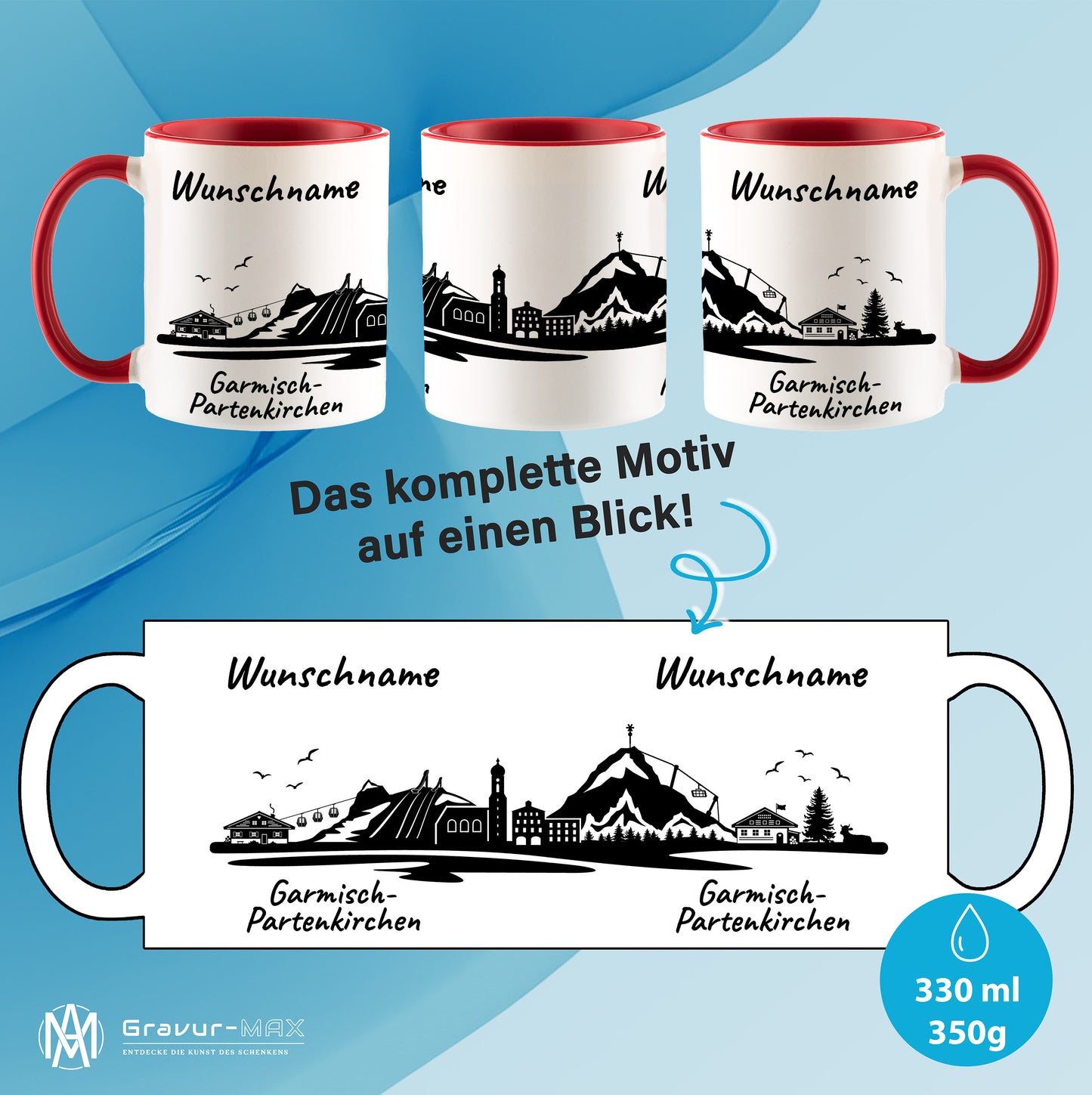 Tasse in Rot 330ml bedruckt mit der Skyline von Garmisch-Partenkirchen personalisierbar mit Wunschname