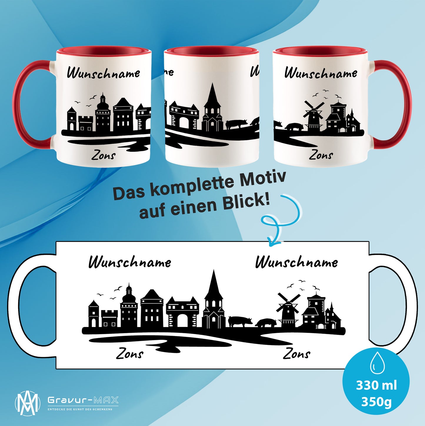 Tasse in Rot 330ml bedruckt mit der Skyline von Zons (Dormagen) personalisierbar mit Wunschname