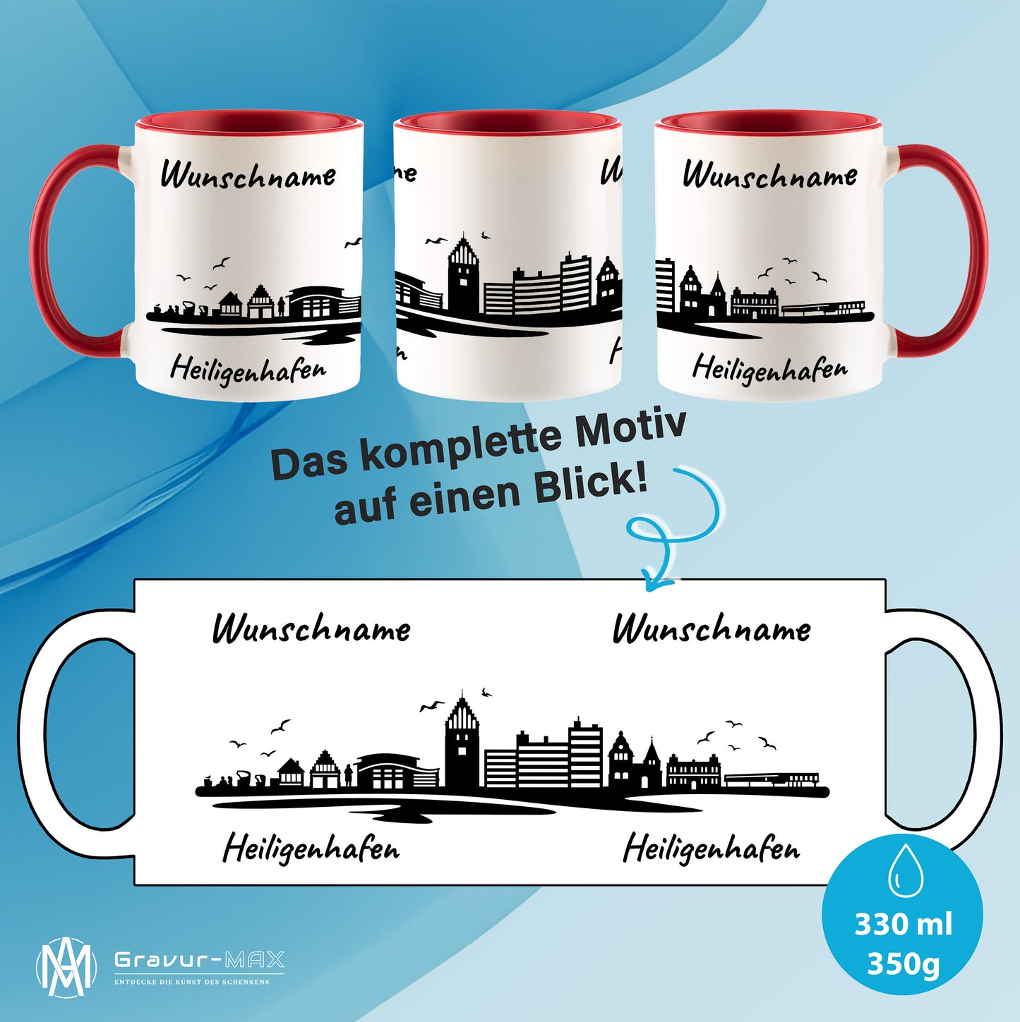 Tasse in Rot 330ml bedruckt mit der Skyline von Heiligenhafen personalisierbar mit Wunschname