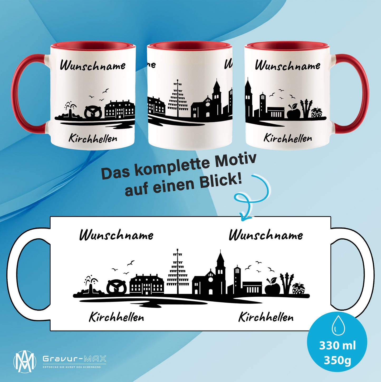 Tasse in Rot 330ml bedruckt mit der Skyline von Kirchhellen personalisierbar mit Wunschname