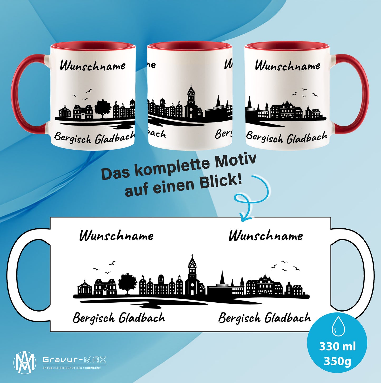 Tasse in Rot 330ml bedruckt mit der Skyline von Bergisch Gladbach personalisierbar mit Wunschname