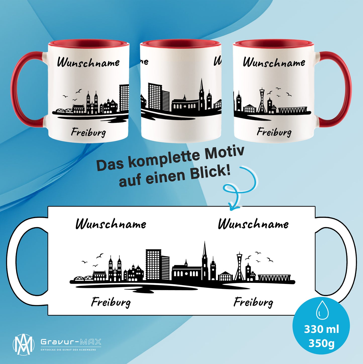 Tasse in Rot 330ml bedruckt mit der Skyline von Freiburg personalisierbar mit Wunschname