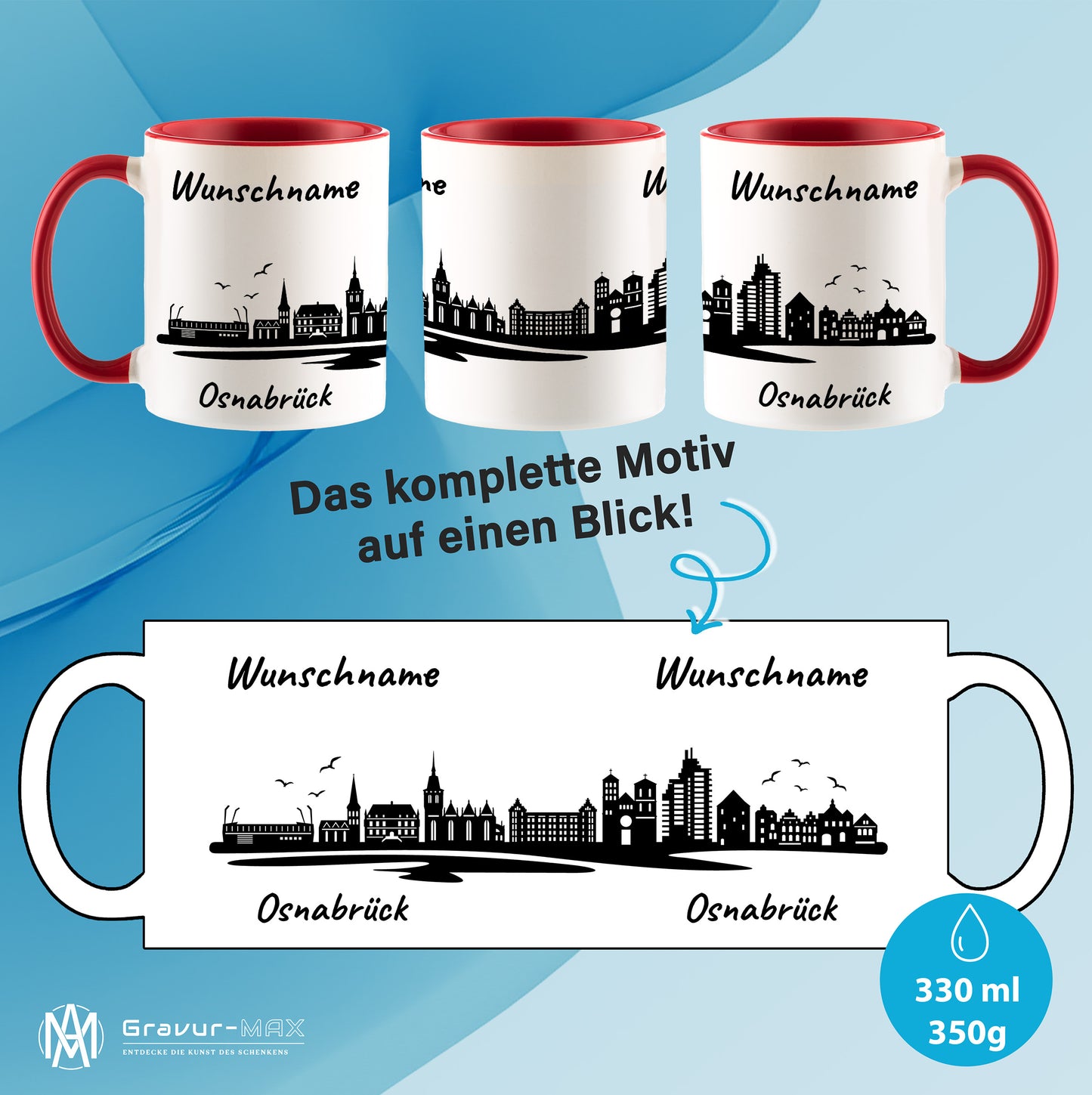 Tasse in Rot 330ml bedruckt mit der Skyline von Osnabrück personalisierbar mit Wunschname