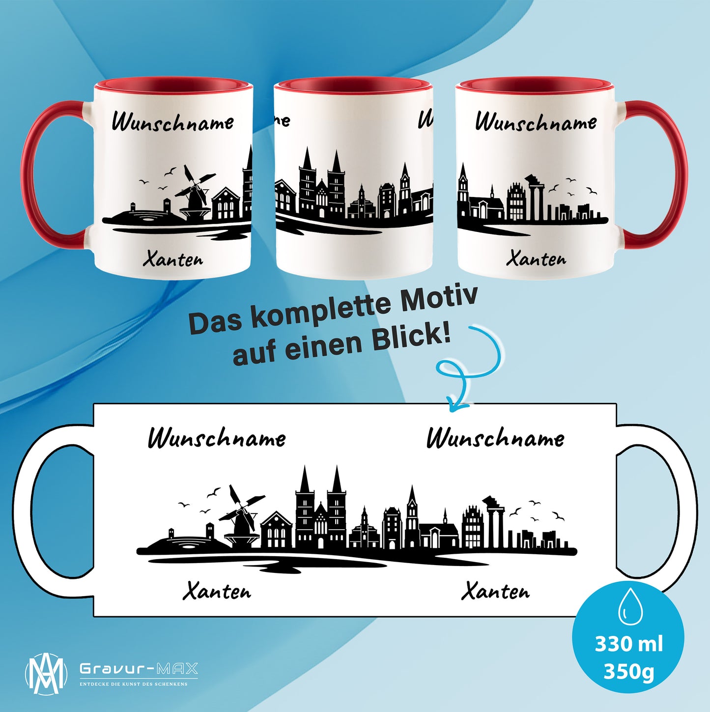 Tasse in Rot 330ml bedruckt mit der Skyline von Xanten personalisierbar mit Wunschname